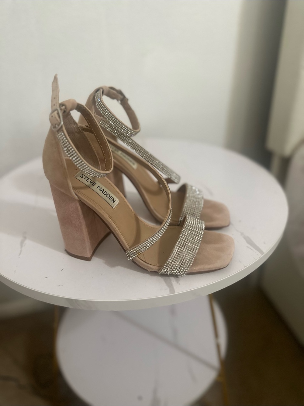 Steve Madden Blush Pink Suede Crystal-Strap Block Heels